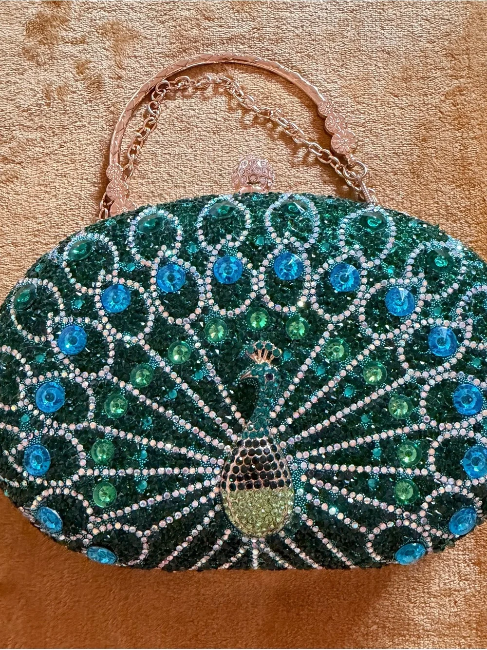 Green Peacock Crystal Evening Clutch with Gold Tone Chain